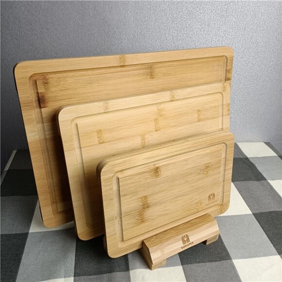 Set of 3 Bamboo Chopping Board Set with Draining Sink and Stand - Picture 4 of 6